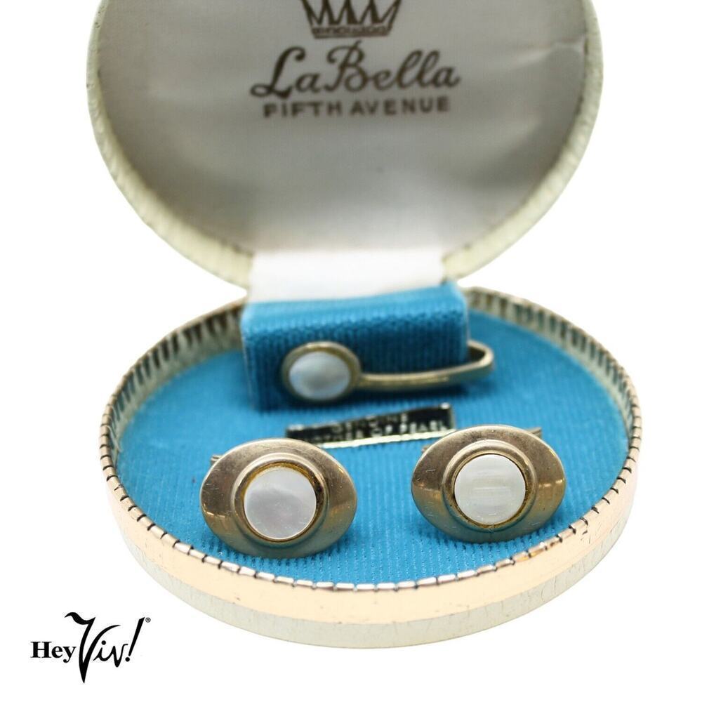 Vintage La Bella Fifth Avenue Cuff Links Tie Clip Set Original Box Genuine MOP
